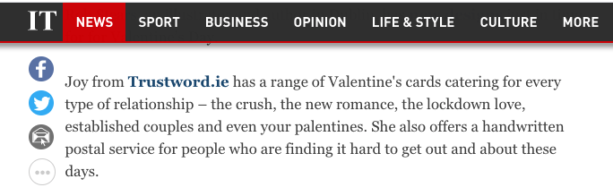 Trustwordie listed in Irish Time's 'Valentine’s Day: 60 Irish sites to help you spread the love'